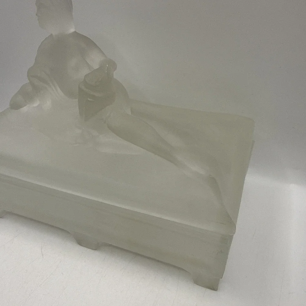 Art Deco Frosted White Glass Box W/ Nude Women Trinket Dish Jewelry Dresser RARE